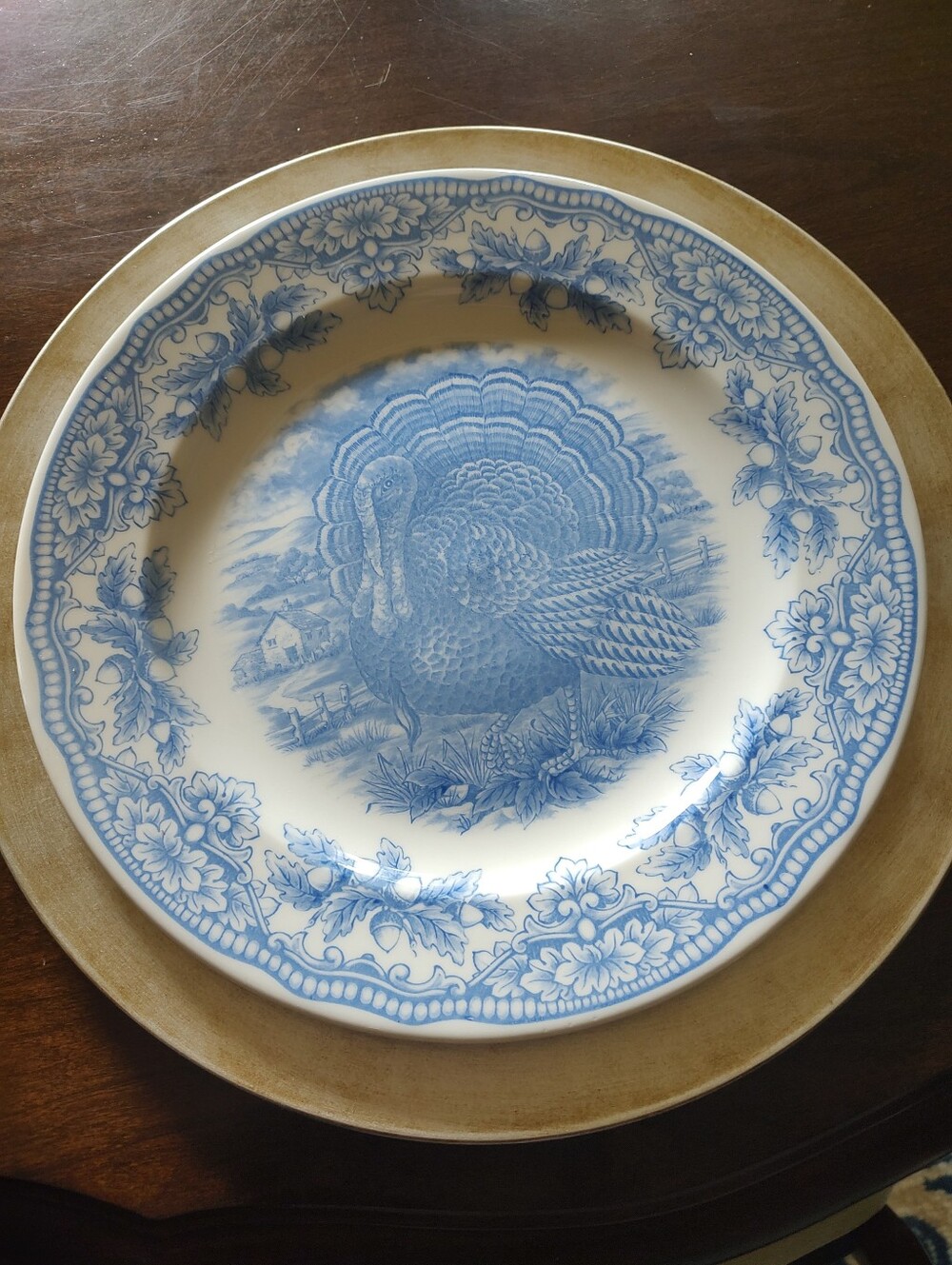 Set of 2 Royal Stafford Blue and White Turkey Dinner Plate Thanksgiving - RARE!